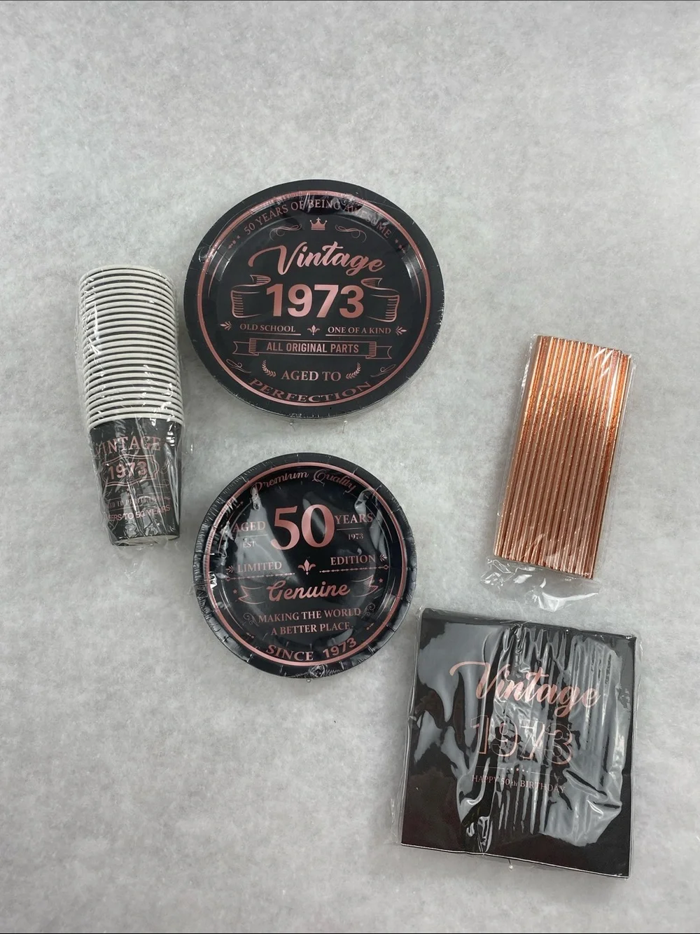 Vintage 1973 Party Set - Black & Rose Gold 50 years party supplies plates cups